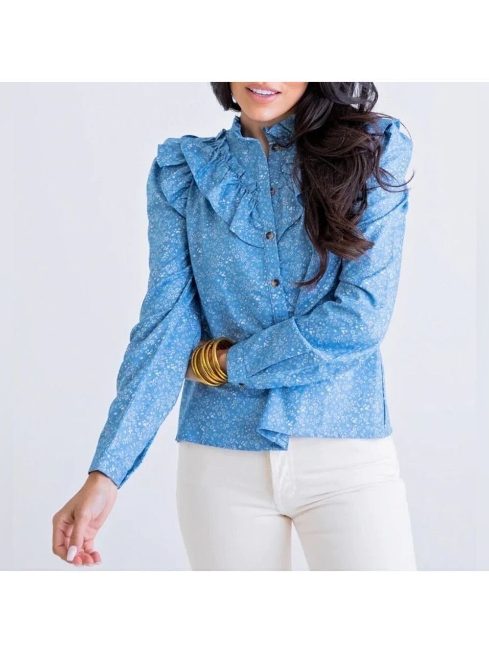 Fate Karlie Ditzy Floral Ruffle Top In Chambray Blue & White